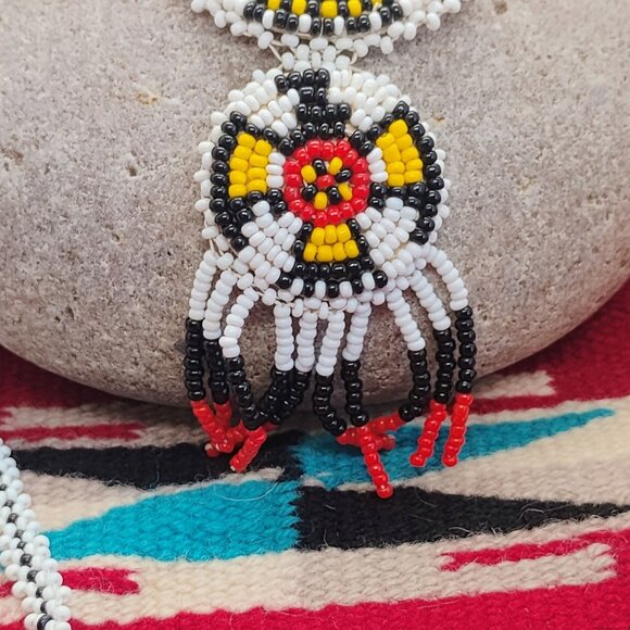 Vtg Native Handmade Seed Bead Medallion Necklace Thunderbird w/Fringe - Picture 5 of 12